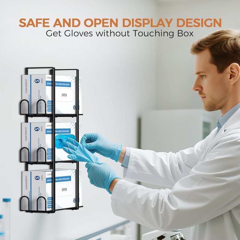 Giftormous Glove Holder Dispenser for Wall Mount, Black Metal Disposable Latex Gloves Holder for Lab, Wall-Mounted Triple Rubber Box Holder, Tissue Rack for Kitchen and Garage - Image 2